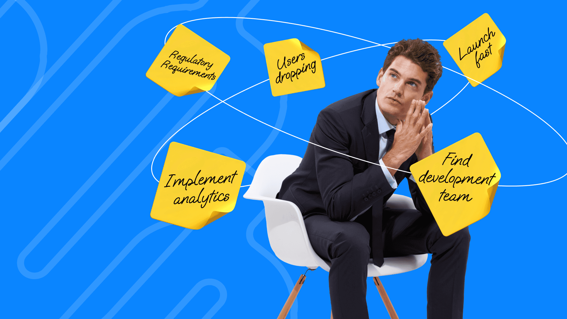 a-founder-sitting-in-a-chair-surrounded-by-sticky-notes-with-key-digital-wallet-MVP-challenges
