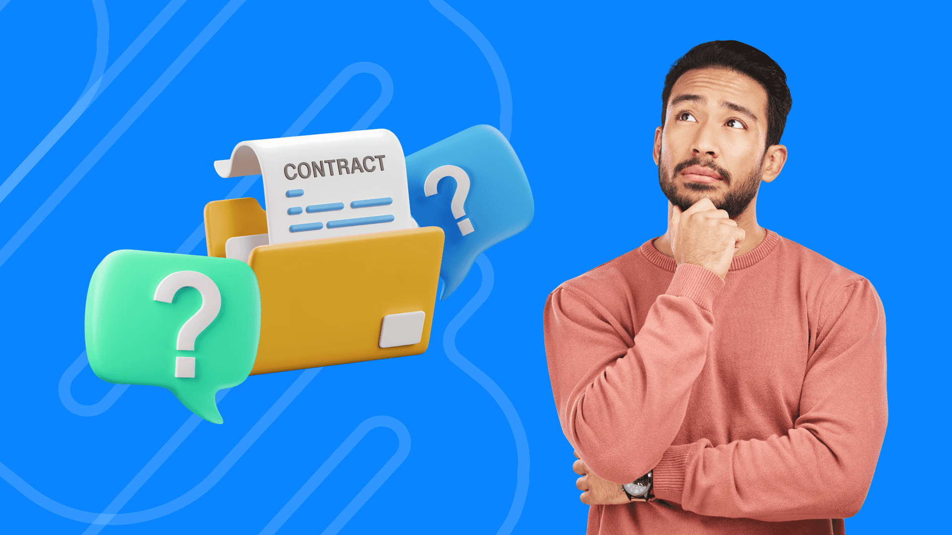 A CTO thinking over a contract folder with question marks, representing key decisions before choosing a white-label wallet vendor