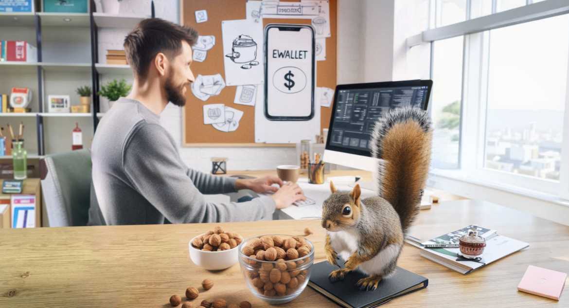 developer-creating-digital-wallet-squirrel-sitting-on-his-desk-with-jars-of-nuts