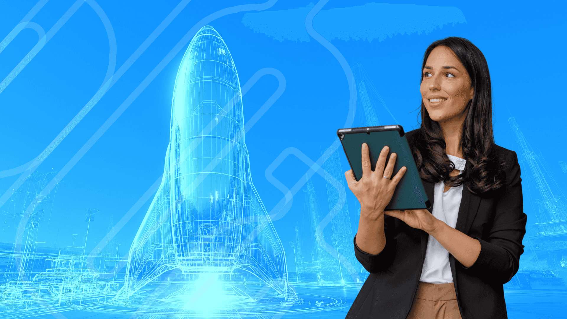 A fintech professional holding a tablet next to a glowing rocket blueprint, representing a confident EMI product launch