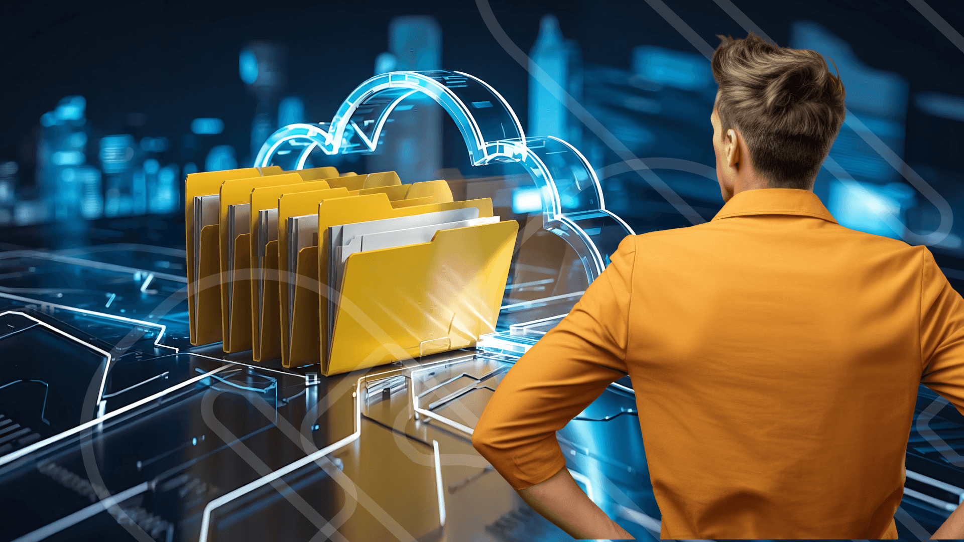 Man faces cloud and folders representing legacy system modernisation.