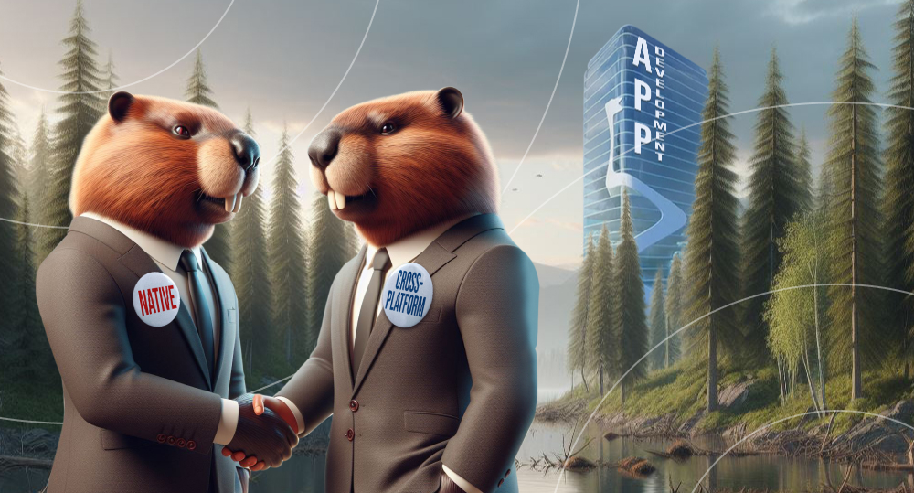 Two beavers, one represents cross-platform apps, another one represents native apps, shake hands.