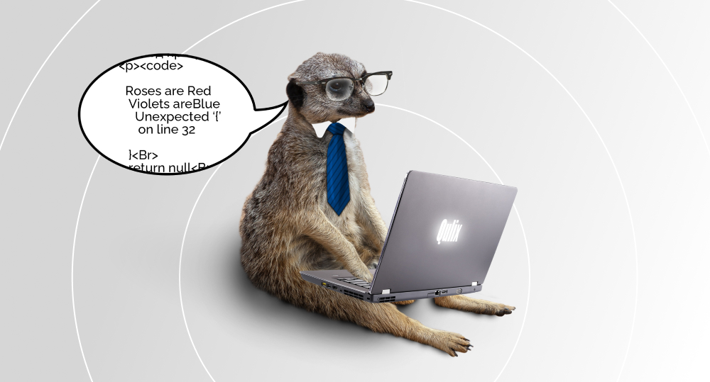 Meerkat wearing glasses and tie writing the code on its laptop with a text bubble illustrating a code snippet