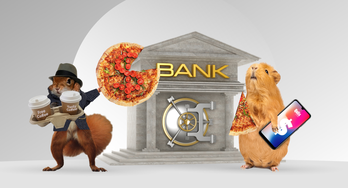 squirrel in hat holds cups of coffee and pizza and tells hamster about omni-channel in banking