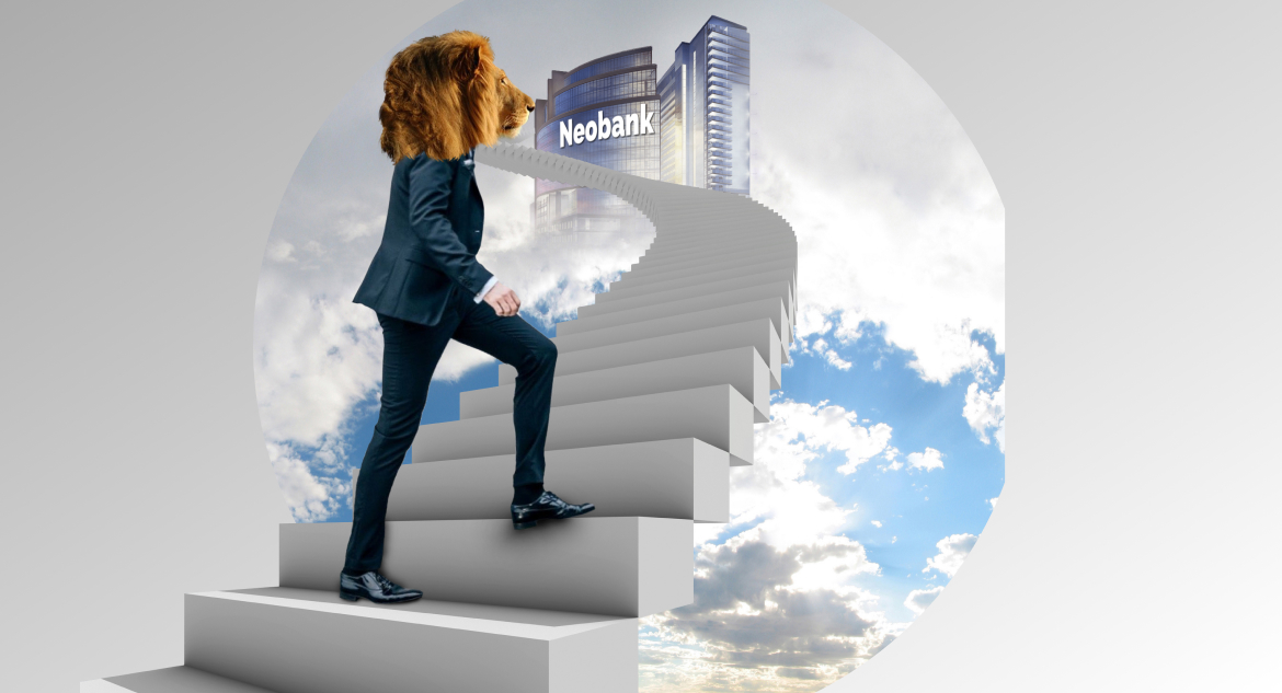 Lion with Led Zeppelin hairstyle walks on staircase that leads to digital building with word neobank on it.