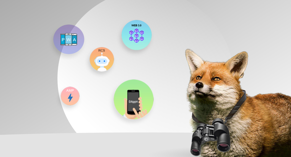 Fox with binoculars looking at icons with trends in fintech web development