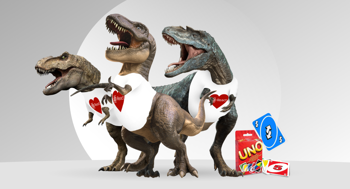 Three dinosaurs in React t-shirts stand next to pile of UNO cards with reverse card on top.