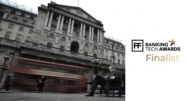 Financial institution building in london with a man on bench and red bus passing by. Plus banner of banking tech awards finalist