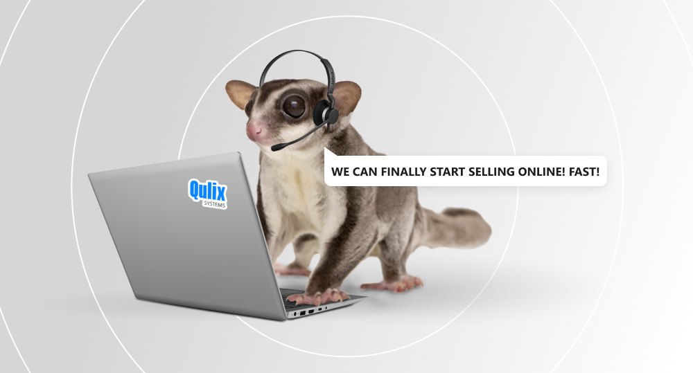 Flying squirrel with seller's microphone sits in front of laptop.