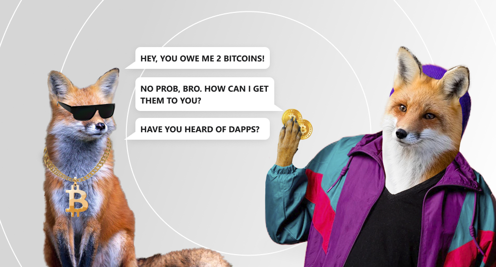 Stylish fox wearing sunglasses and golden chain with a bitcoin talking about dApps with another fox with two bitcoins in its paw