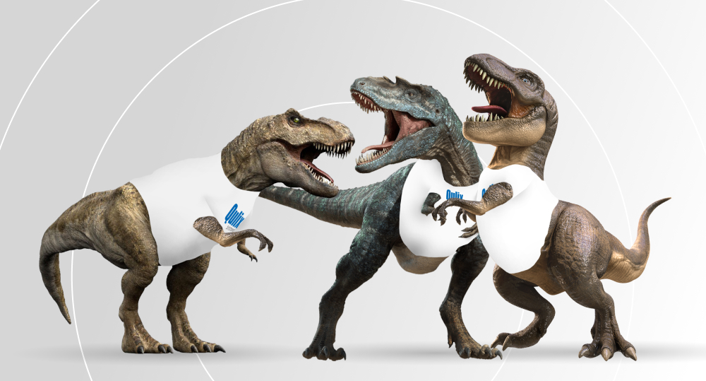Three dinosaurs in t-shirts with logo of Qulix flex their muscles.