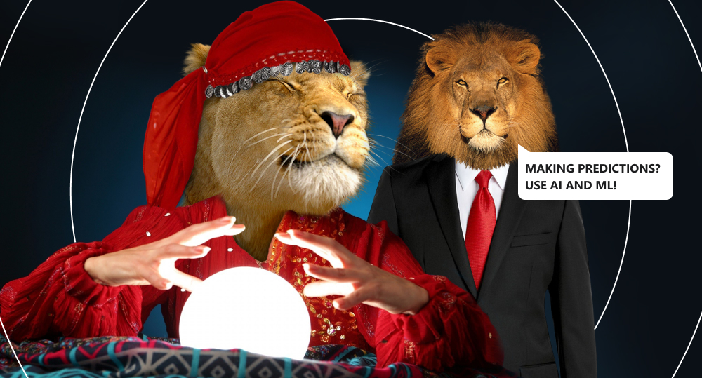 Lion in fortune-teller's scarf sits in front of ball of predictions and talks to lion with tie and glasses about machine learning and artificial intelligence.
