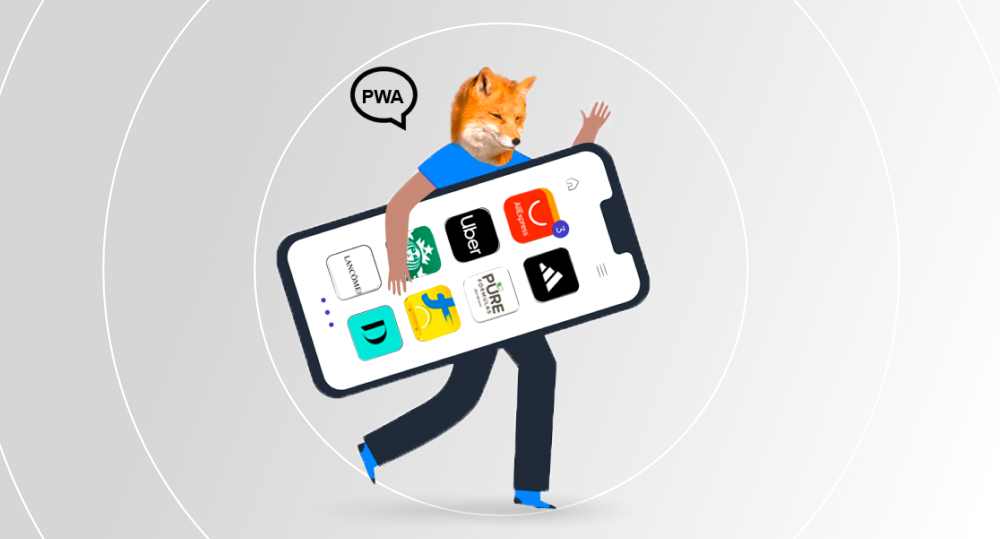 Fox with a smartphone with app logos in its paw waving and saying "PWA"