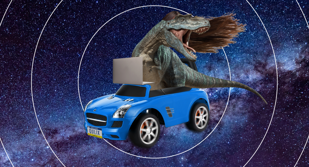 T-rex with hair blown backwards drives toy car with laptop instead of wheel in space.