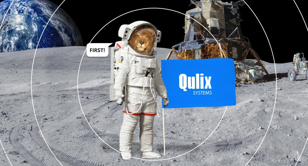 Lion in astronaut helmet is standing on the moon with Qulix flag.