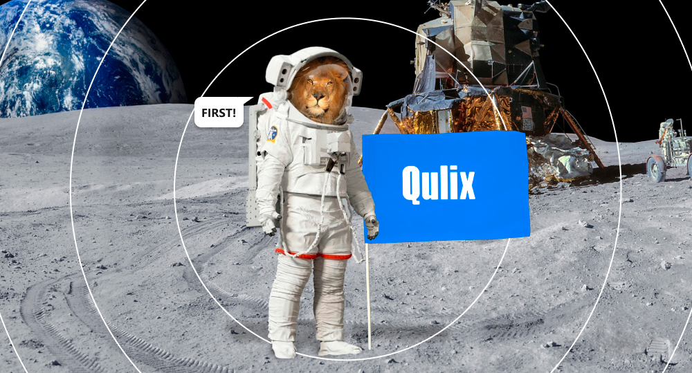 Lion in astronaut helmet is standing on the moon with Qulix flag.
