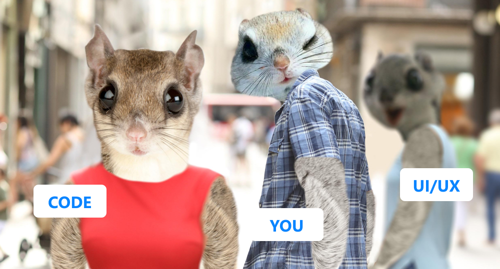  Distracted boyfriend meme with words “code” and “ui/ux” written on girls. Guy has flying squirrel’s head.