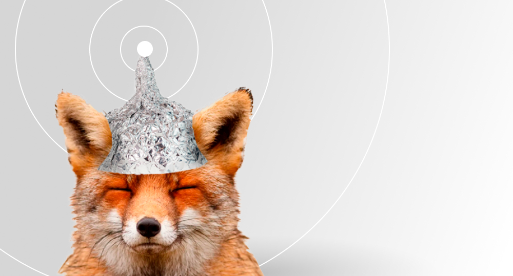 Fox with closed eyes wearing a tinfoil cap and sending impulses