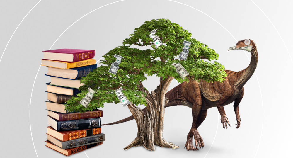 Plateosaurus in monocle eats money and stands next to tall stack of books about React under tree that has money instead of leaves.