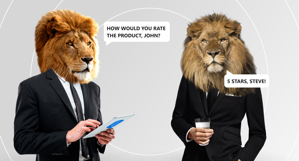 Lion holds tablet with Qulix logo and talks to lion with cup of coffee about market reviews.