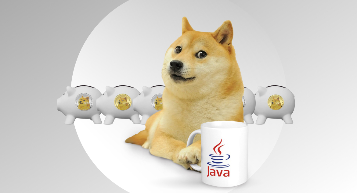 Dog with a cup with Java logo lying in front of piggy banks with Dogecoin on them and thinking to outsource Java development