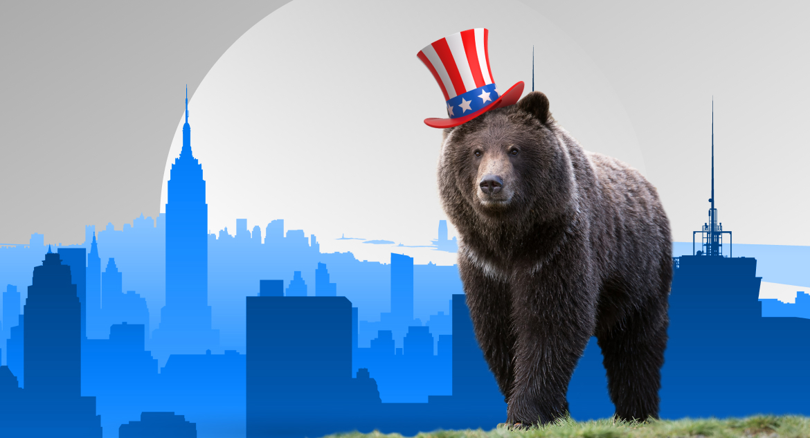 Bear wearing a hat with an American flag pattern standing in front of famous American buildings and presenting the top software houses in the USA