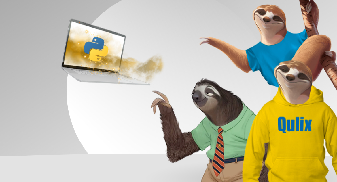 Three joyful sloths stretch their paws towards open laptop with Python logo in cloud of golden light to learn how to outsource Python development.