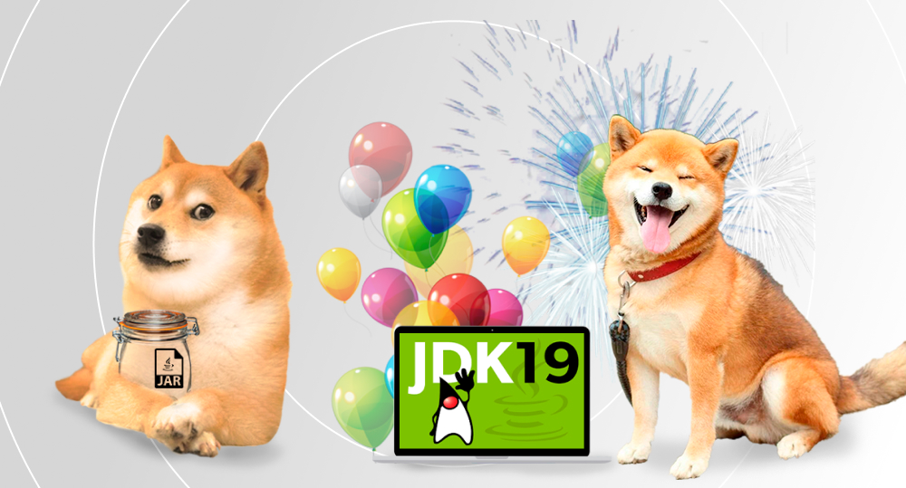 Dog hugging a jar with the JAR logo, next to another dog celebrating the release of version 19 of Java