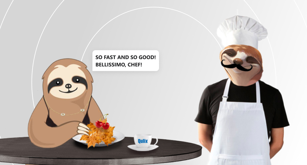 Joyful sloth in chef's hat and apron, with thin curled mustache, stands next to table where sloth sits in evening dress and necklace. Next to sloth is cup with Qulix logo and plate with leaves.