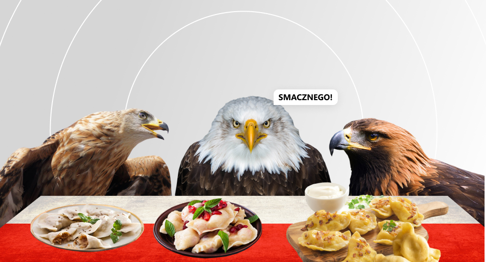 Three eagles eating Polish pierogi and wishing each other "Smacznego!"