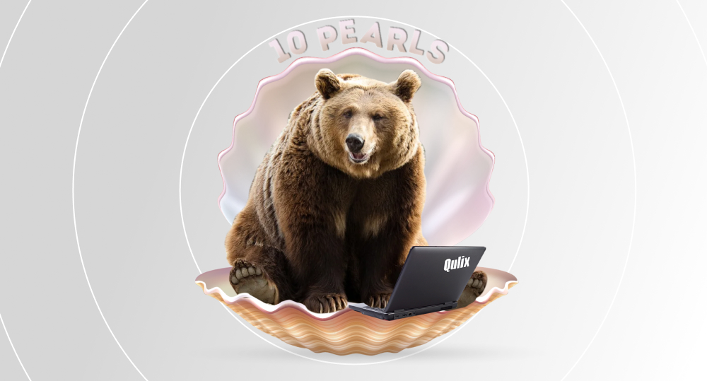 Bear sitting inside seashell with laptop with Qulix logo and text 10Pearls above it