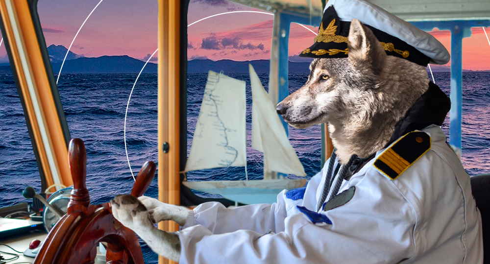 Wolf in captain's cap sits at the helm in captain's uniform.