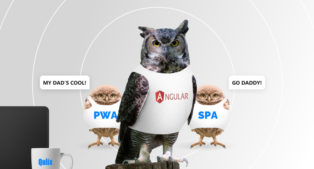Big owl wearing t-shirt with the text "Angular" and two little owls saying "my dad's cool!" and "go daddy!"