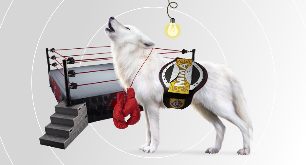 Wolf stands next to brightly lit ring with belt of winner of boxing match.