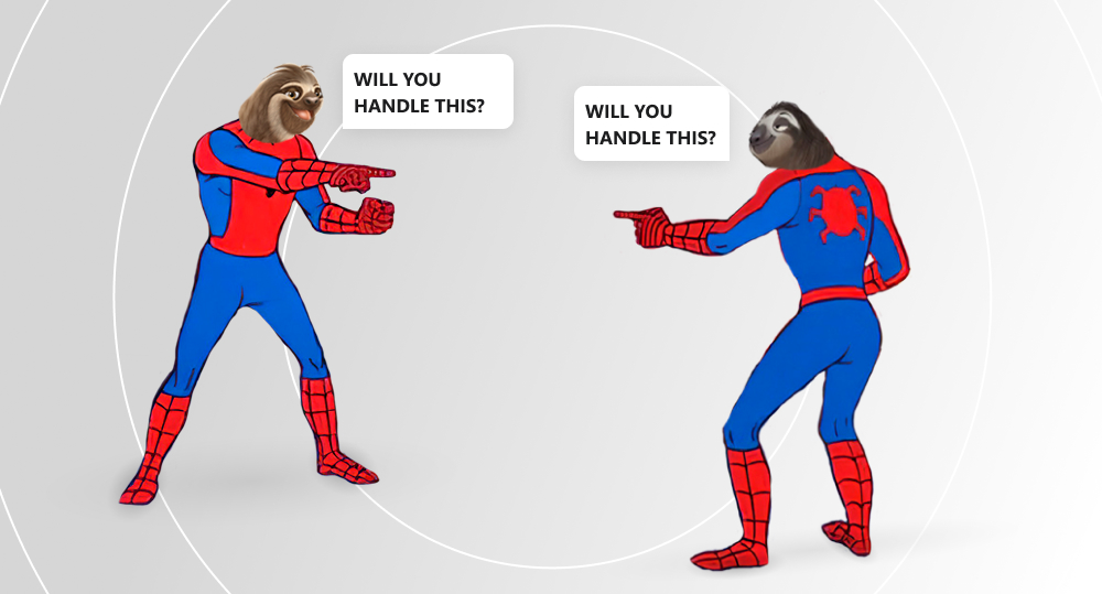 Meme about two spider-men who look at each other and think who will solve the problem.