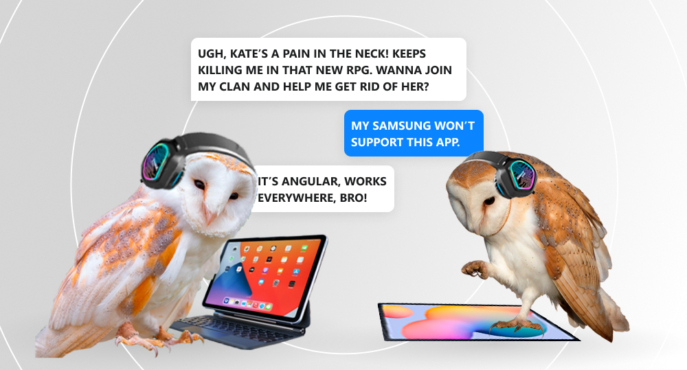 Two owls wearing gamer headphones and using their iOS and Android tablets