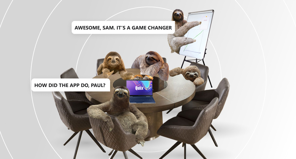 4 sloths sit at round table. There is laptop with Qulix logo there. Another sloth stands by diagram. They discuss market reviews of app.