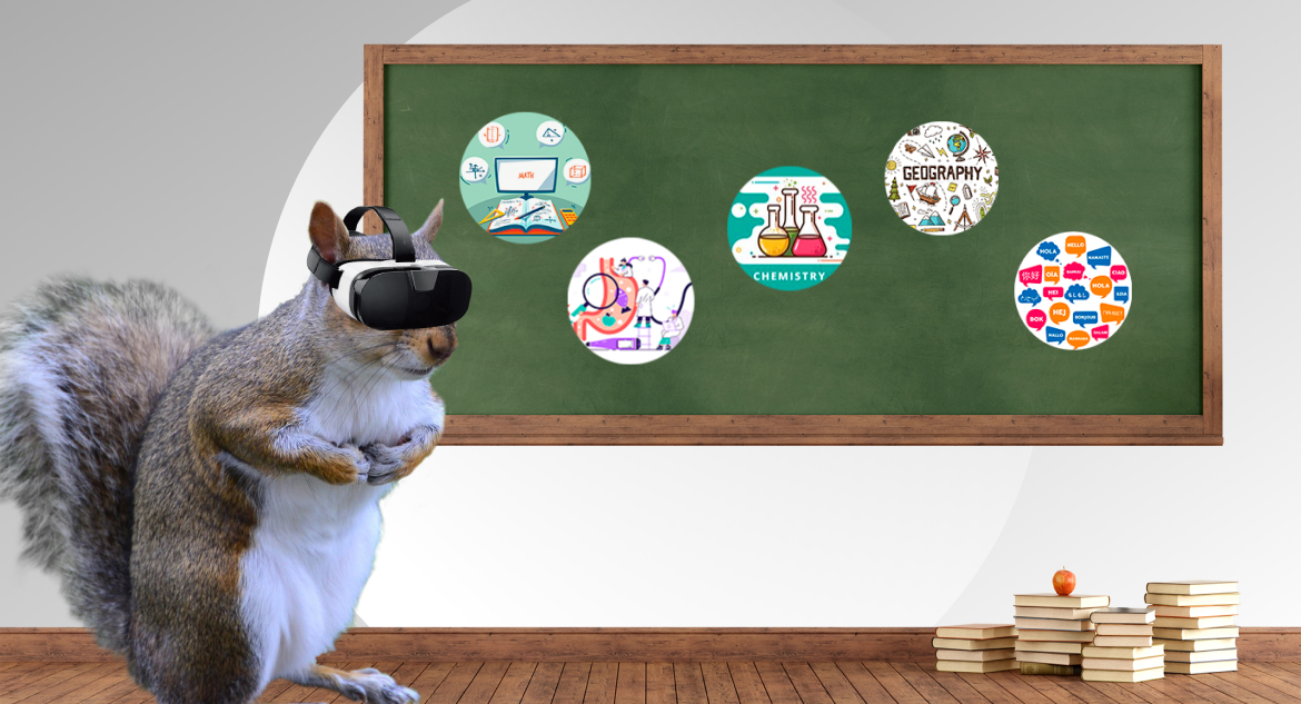 Squirrel wearing VR headset standing behind blackboard with signs illustrating EdTech startups and their types