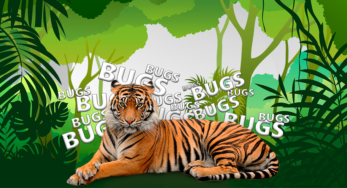 Tiger lying in the jungle, with a pile of bugs behind it, which it defeated thanks to quality assurance outsourcing