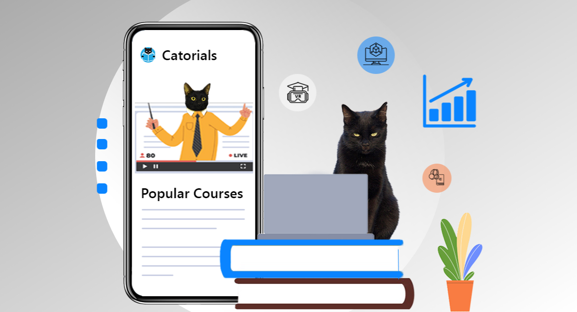 Cat sitting on books using laptop and smartphone with the latest app from a top EdTech SaaS company