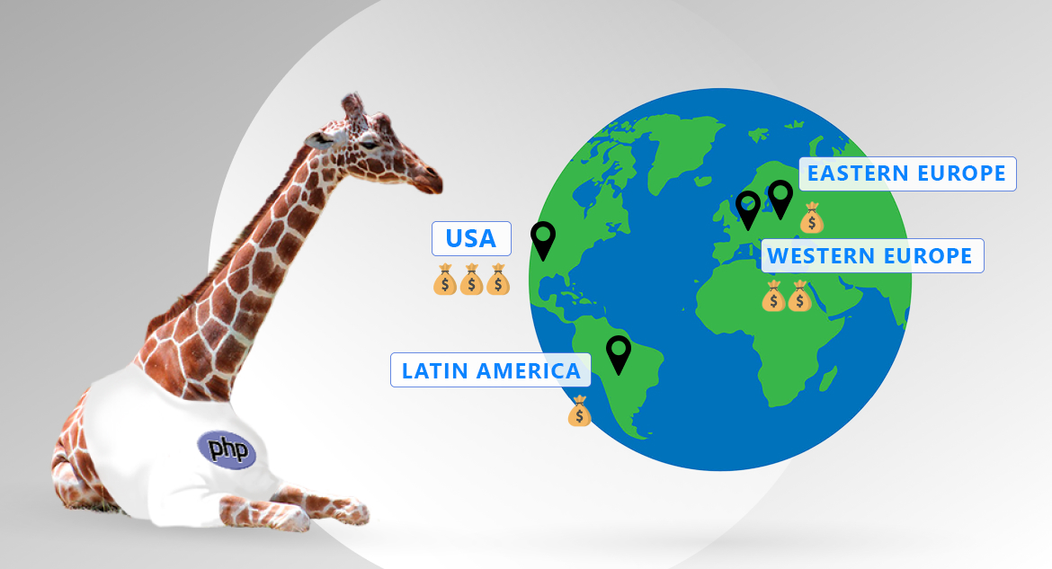 Giraffe wearing t-shirt with PHP logo sitting by the globe and choosing the best cost location to outsource PHP development