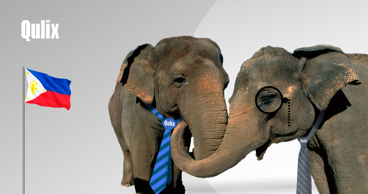 Elephants in ties with Qulix logo are shaking trunks to celebrate software development outsourcing in the Philippines.