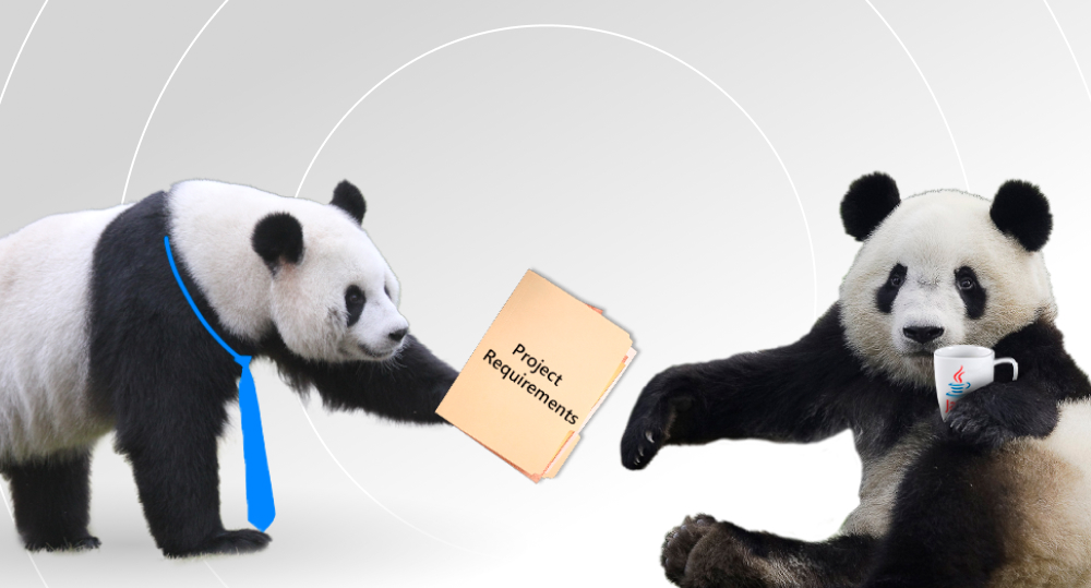 Panda handing over documents with project requirements to another panda