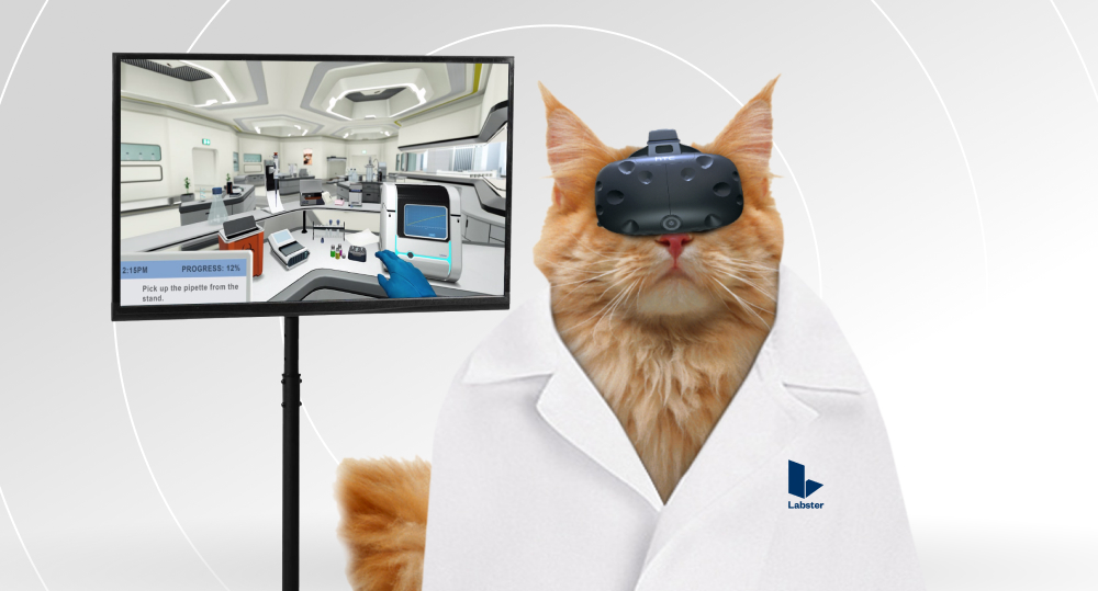 Cat wearing VR glasses and using Labster app as virtual lab