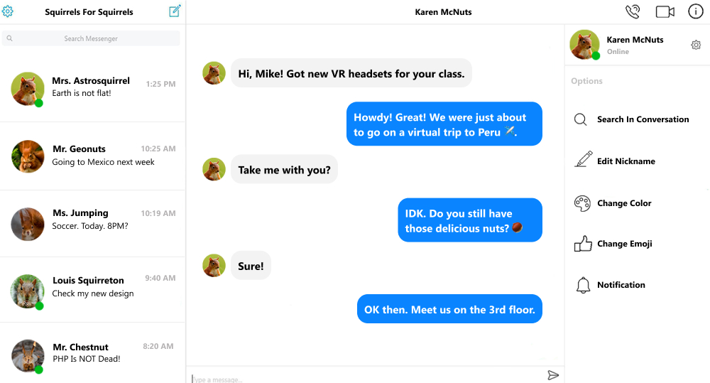 Social network for squirrel teachers screenshot illustrating chat between teachers