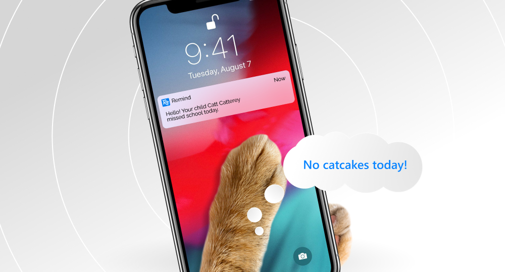 Cat viewing Remind app notification that its child missed school today