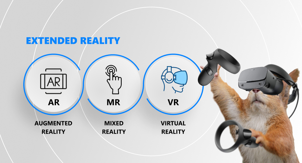 Infographics of main components of extended reality with squirrel wearing VR headset and using controllers