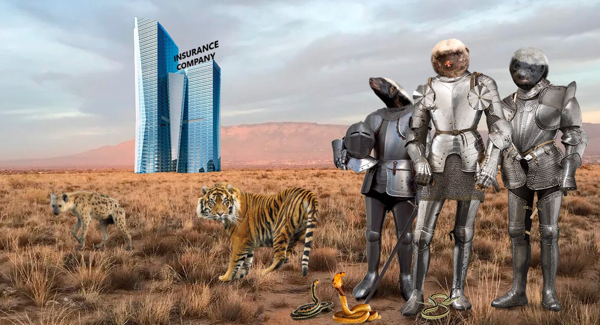 3 honey badgers in knightly armor stand next to other animals and building that represents insurance industry and insurtech trends.