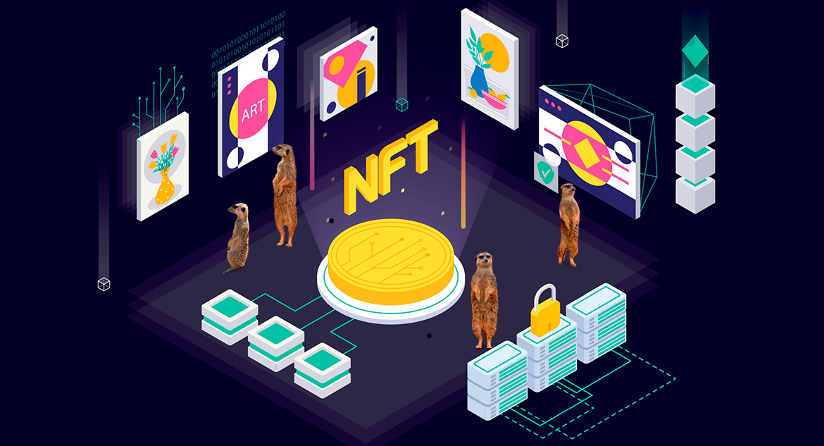Meerkats walking around a virtual NFT marketplace, looking at NFTs and thinking about how to create an NFT marketplace