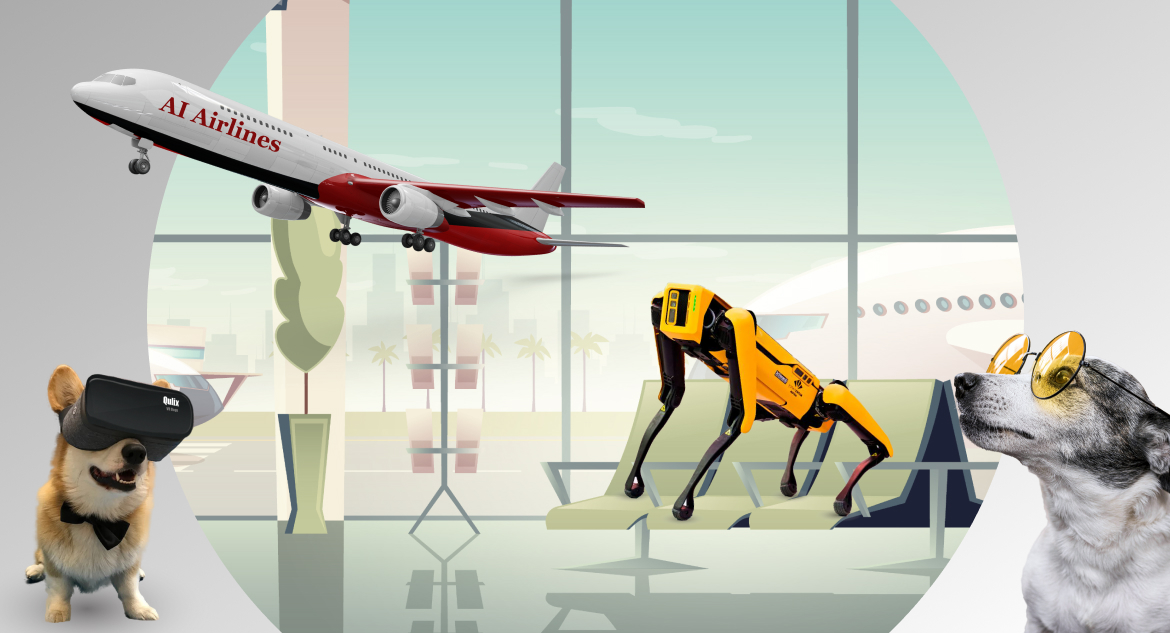 Robot dog and two common dogs sitting at airport and seeing off plane with AI Airlines written on it, illustrating use of AI in travel industry